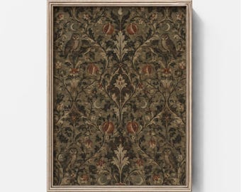 May include: A framed rectangular wall art print featuring a dark olive green background with a symmetrical pattern of owls, crescent moons, and reddish-brown pomegranate fruits amidst intricate scrolling foliage and leaves.