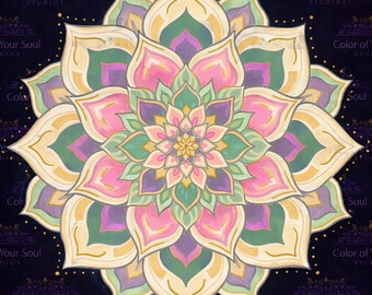 Night Garden – Mandala Art Print, Botanical Mandala Wall Art, Original Acrylic Painting Reproduction, Square Wall Decor