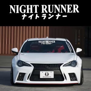 May include: A white sports car with the text "NIGHT RUNNER" in English and Japanese characters across the top. The car has a black grill, red accents, and the text "AIMGAIN" on the license plate.