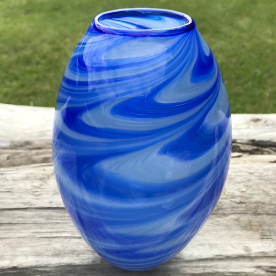 Hand Blown Glass Vase Blue Etsy