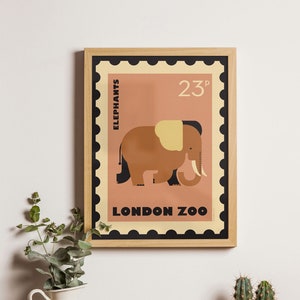Póster estilo sello postal retro inspirado en el Zoológico de Londres, Elefante, Arte animal, Arte de pared de elefante, Impresión de arte vintage niños lindos A1/A2/A3/A4