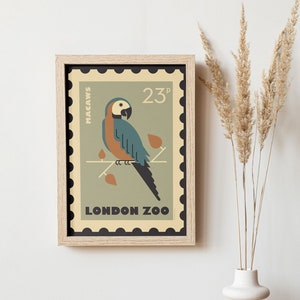 London Zoo inspirierte Retro Briefmarke Stil Poster, Papagei, Tier Kunst, Ara Wandkunst, Vintage Kunstdruck Kinder A1/A2/A3/A4