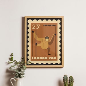 Cartel estilo sello postal retro inspirado en el Zoológico de Londres, orangután, arte animal, arte de pared de orangután, impresión de arte vintage para niños A1/A2/A3/A4