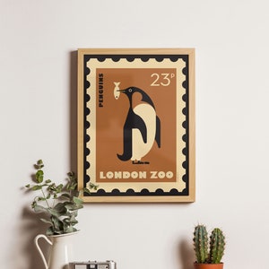 London Zoo inspirierte Retro Briefmarke Stil Poster, Pinguin, Tier Kunst, Pinguin Wandkunst, Vintage Kunstdruck Kinder A1/A2/A3/A4