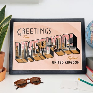 Saludos desde Liverpool, impresión artística de diseño de postal de estilo retro y vintage, impresión artística, A4 A3 A2