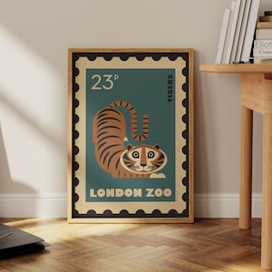 Cartel estilo sello postal retro inspirado en el Zoológico de Londres, Tigre, Arte animal, Arte de la pared del tigre, Impresión de arte vintage para niños A1/A2/A3/A4