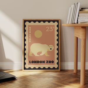 London Zoo inspirierte Retro Briefmarke Stil Poster, Eisbär, Eisbär Wandkunst, Vintage Kunstdruck Kinder A1/A2/A3/A4