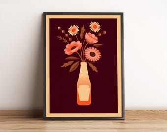 Bouteille de ketchup, bouquet de fleurs, illustration vintage, impression d'art, affiche