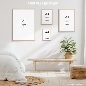May include: A comparison of different print sizes, including A1, A2, A3, and A4, displayed on a white wall in a room with a wooden bench and a potted plant. The print sizes are shown in millimeters.