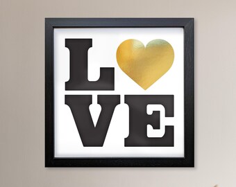 LOVE Gold Foil Heart Print: Minimalist Anniversary Art (12x12)