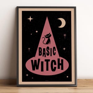 Stampa base di Halloween con strega: gatto spettrale e luna