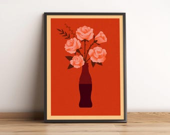 Bouquet de roses, bouteille de coca, illustration vintage, impression d'art, affiche