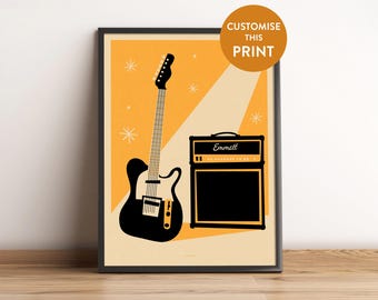 Ampli de guitare rétro rock and roll Mid-Century personnalisé personnalisable impression d'art affiche de salle de jeux pour enfants