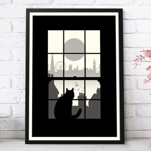 London City Skyline Travel Poster Big Ben London Eye Paddington Black Cat City Bold minimal black and white Art Print A2 A3