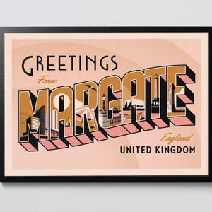 Saludos desde Margate, diseño de postal de estilo vintage americano retro con playa, verano británico, Kent, impresión artística de pared, 4 tamaños A3 A2