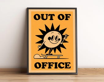 Out Of Office Skating - Planche à roulettes rétro anthropomorphe Sunshine Peace, personnage soleil anthropomorphe jaune