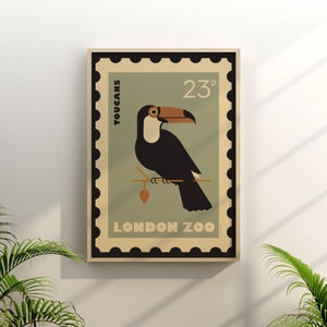 Póster estilo sello postal retro inspirado en el Zoológico de Londres, pájaro tucán, arte animal, arte de pared de pájaro tucán, impresión de arte vintage para niños A1/A2/A3/A4