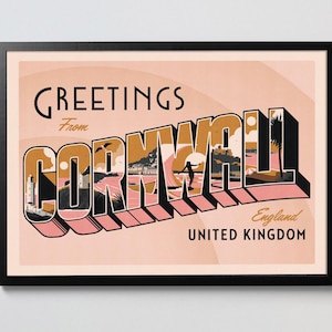 Saudações da Cornualha estilo vintage retrô americana cartão postal Cornish surf design pôster de viagem do Reino Unido impressão artística A4 A3 A2