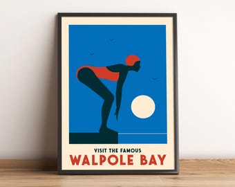 Póster personalizado de natación, buceo, natación, mar, río, vintage, retro, mediados de siglo, mujer, natación, midimalism resortcore, tamaño A2, A3