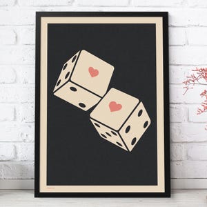 Lucky in Love, poster Tumblin' Dice, Retro Rock n Roll Rockabilly ove Heart Quirky Poster Lucky Dice Print, Retro Poster Vegas Art print