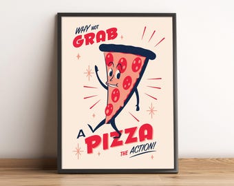 Impresión artística de personajes de pizza retro: póster de película de mediados de siglo