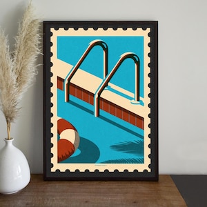 Retro Stempel Urlaub Postkarte Kunstdruck Schwimmbad Treppe Familienurlaub Sommer Resortcore Minimal Grafik Kühn Hirsch Hen do A4 A3 A2 A1