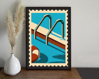 Impression d'art de timbres de vacances rétro : vacances d'été à la piscine