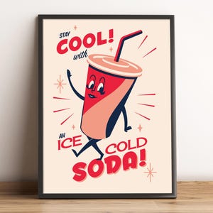 Retro Americana cinema movie soda pop fizzy drink cartoon character mid-century sign writing poster Art Print