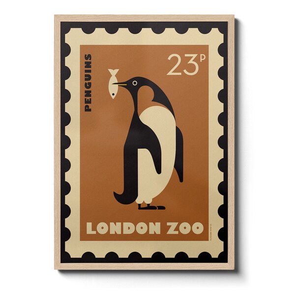 London Zoo inspired retro postage stamp style Poster, Penguin, Animal Art, Penguin Wall Art, Vintage Art Print kids  A1/A2/A3/A4