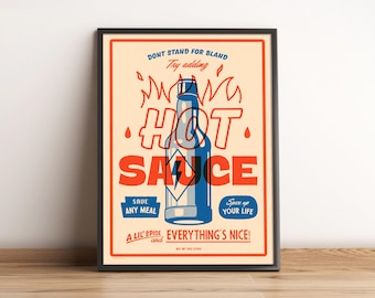 Hot Sauce kitchen dining room art print spicy food fathers day boyfriend franks tabasco sriracha cholula chilli pepper poster  A4 A3 A2 A1