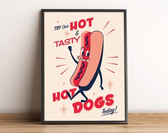 Retro Hot Dog Cartoon Art Print: Mid-Century Americana Poster