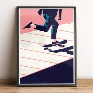 May include: A black and white illustration of a person skateboarding on a pink and white striped surface. The person is wearing blue jeans and a black shirt. The skateboard has black wheels and a black deck.