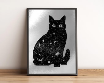 Astro Cat Space Halloween Black Cat Impression d'art en aluminium miroir argenté