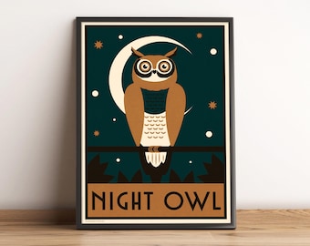 Night Owl Art Print: Moon & Stars, A3 Giclée Print