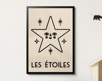 Les Étoiles French Stars Kid&#39;s Bedroom Giclée Print playroom newborn black and white bold minimal childrens print
