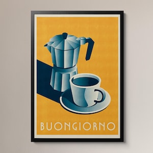 May include: A vintage-style poster featuring a blue and silver coffee pot and a white coffee cup against a yellow background. The text "BUONGIORNO" is at the bottom of the poster.