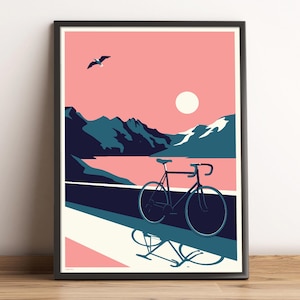 May include: A black bicycle with a pink and blue mountain landscape in the background. The bicycle is on a road with a white line. The sun is shining in the sky.