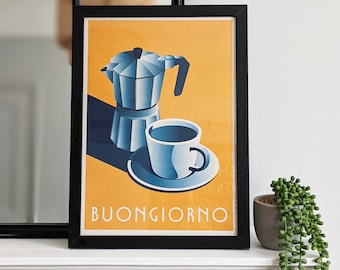 Buongiorno Moka Pot Print - Vintage Italian Kitchen Decor, Retro Espresso Coffee Art, Minimalist Cafe Poster