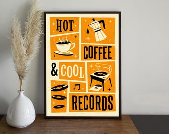 Hot Coffee Cool Records Mid-century retro illustration art print 50s 60s vintage jetsons record player coffee pot tea music  A4 A3 A2 A1