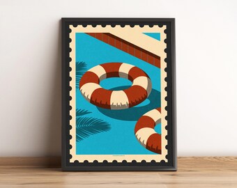 Impression artistique de timbres de vacances rétro : Summer Poolside Resortcore