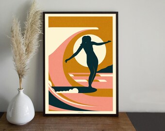 Impression d'art surf des Cornouailles : affiche de surfeur rétro Mid-Century