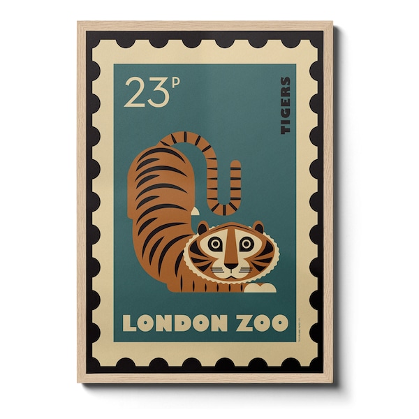London Zoo inspired retro postage stamp style Poster, Tiger, Animal Art, Tiger Wall Art, Vintage Art Print kids  A1/A2/A3/A4
