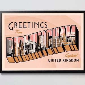 Carte postale illustrée Americana de style vintage rétro de Birmingham, impression d'art Brum Midlands Bullring A4 A3 A2