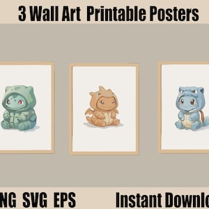 May include: Three framed wall art printable posters featuring cartoon characters in costumes. The posters include a green character, a brown character, and a blue character. The text "3 Wall Art Printable Posters", "PNG SVG EPS", and "Instant Download" are visible.