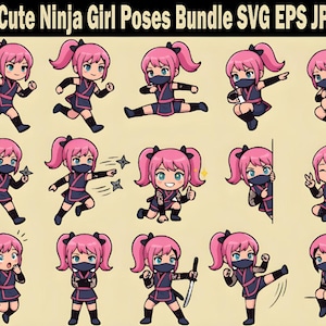 May include: A bundle of 20+ cute ninja girl poses in different action stances. Each cartoon figure has pink hair, a black mask, and a dark blue ninja outfit. The poses include running, throwing stars, and striking poses.