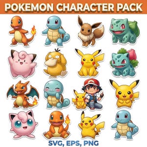 May include: A collection of colorful Pokemon character stickers. The stickers feature various Pokemon, including Pikachu, Charmander, Squirtle, and others. The text "Pokemon Character Pack" is at the top, with "SVG, EPS, PNG" at the bottom.