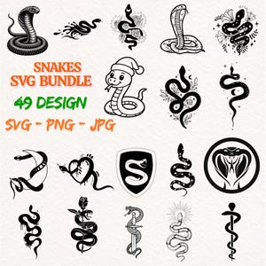 Snake SVG Bundle 49 Designs, Snake Cut Files Cricut, Snake Silhouette SVG, Snake Clipart PNG, Reptile Svg for Shirts Decals Crafts