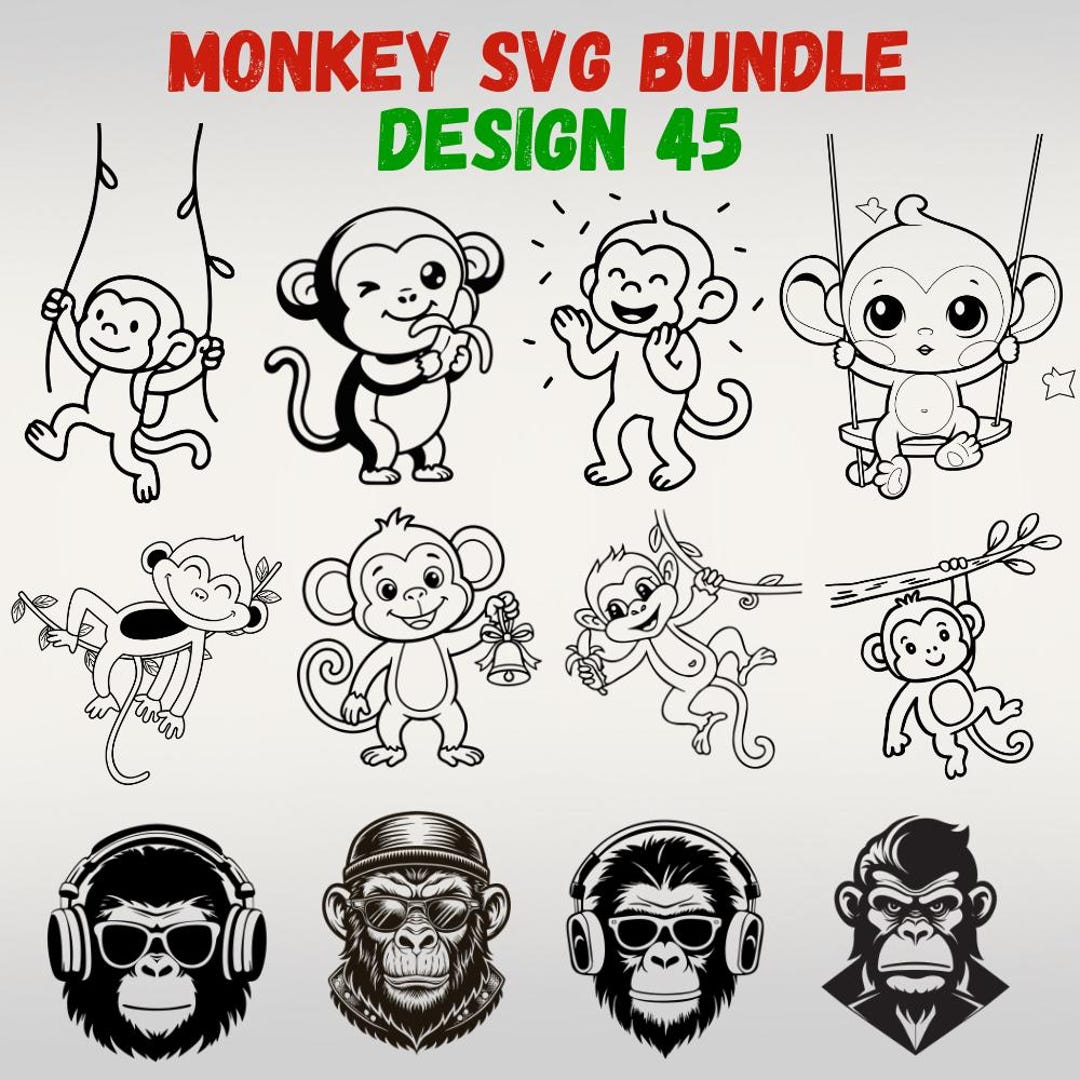 Monkey SVG Bundle 45 Designs – Cute Monkey SVG, Jungle Animal SVG ...
