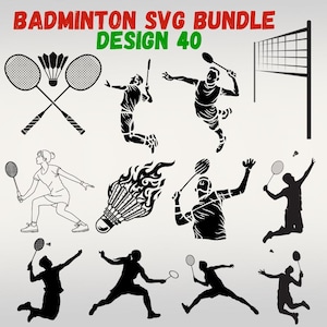 Puede incluir: Una colección de diseños SVG con temática de bádminton. La imagen presenta raquetas cruzadas, volantes y siluetas de jugadores en acción. El texto en la parte superior dice "BADMINTON SVG BUNDLE DESIGN 40" en rojo y verde.