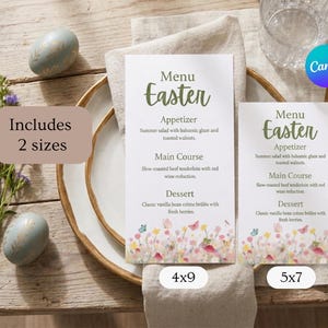 Pode incluir: Dois cartões de menu de Páscoa, 4x9 e 5x7 polegadas (aproximadamente 10x23cm e 13x18cm), com detalhes florais e o texto "Menu Easter". O menu inclui opções de aperitivo, prato principal e sobremesa. Os cartões estão em uma mesa de madeira.